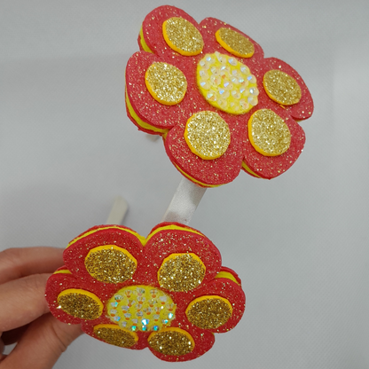 Adorable Sparkle Flower Headband – Pink & Yellow Blooms with Rhinestones