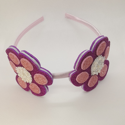 Adorable Two-Flower Purple Headband – Handmade Girls’ Hair Accessory with Pearl Detail