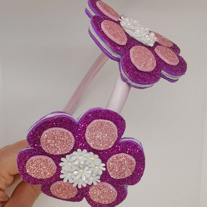 Adorable Two-Flower Purple Headband – Handmade Girls’ Hair Accessory with Pearl Detail