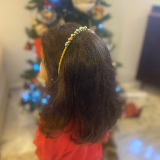 Holiday Bauble Headband for Girls – Elegant Christmas Hairband in Petrol Green, Navy Blue & Café au Lait