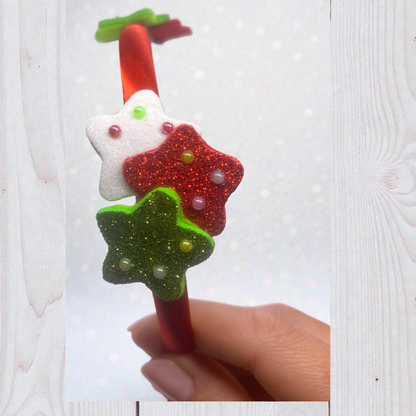 Festive Red Satin Headband for Girls with 3D Christmas Stars – Adorable Holiday Accessory