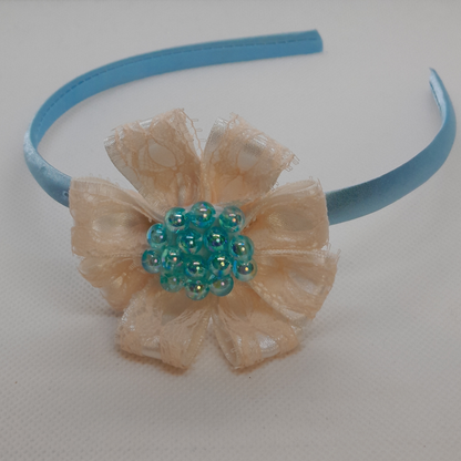 Handmade Satin Flower Headband for Girls – Elegant Hair Accessory with Matching Beads – Yellow, Salmon, Purple & Blue