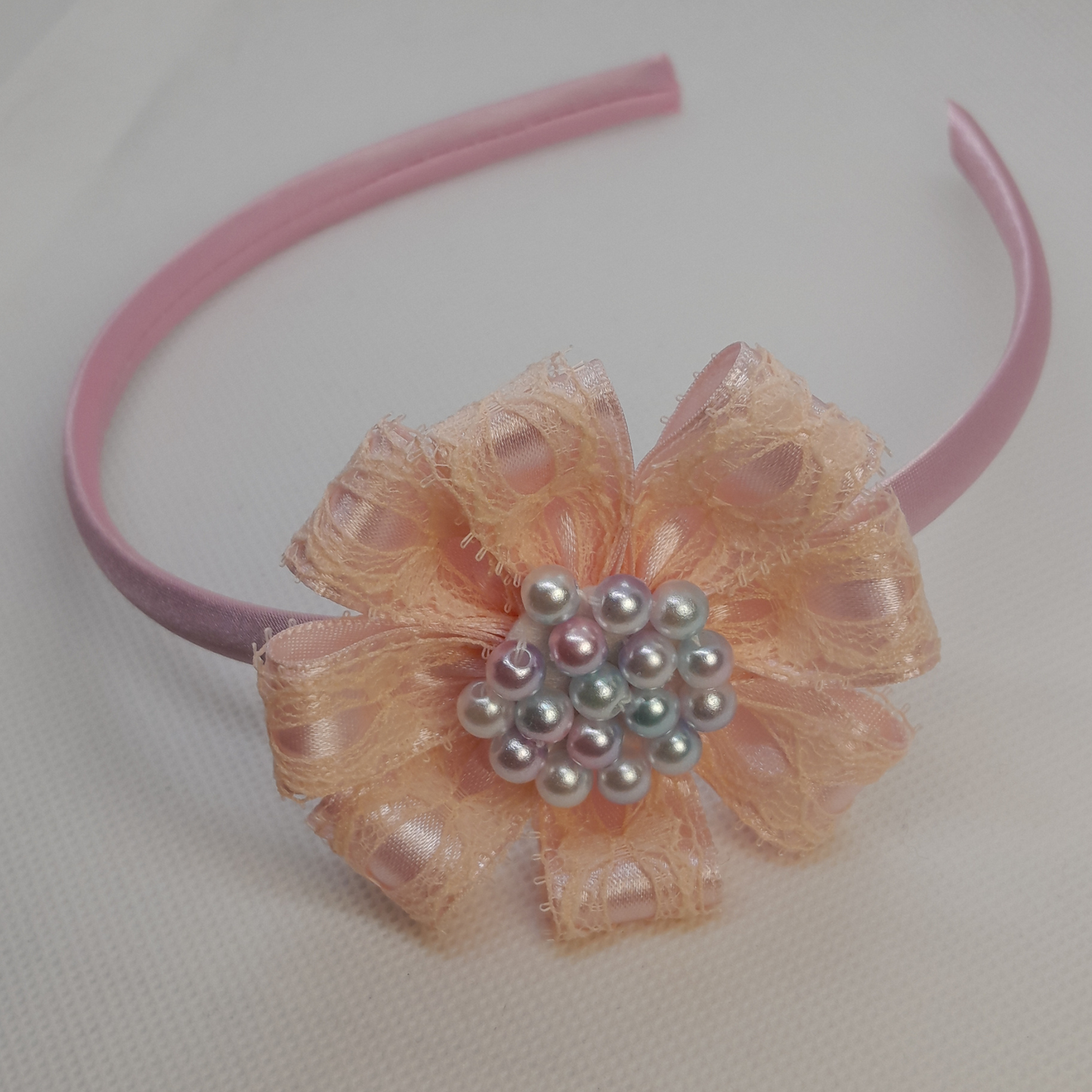 Handmade Satin Flower Headband for Girls – Elegant Hair Accessory with Matching Beads – Yellow, Salmon, Purple & Blue