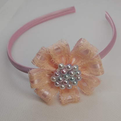 Handmade Satin Flower Headband for Girls – Elegant Hair Accessory with Matching Beads – Yellow, Salmon, Purple & Blue