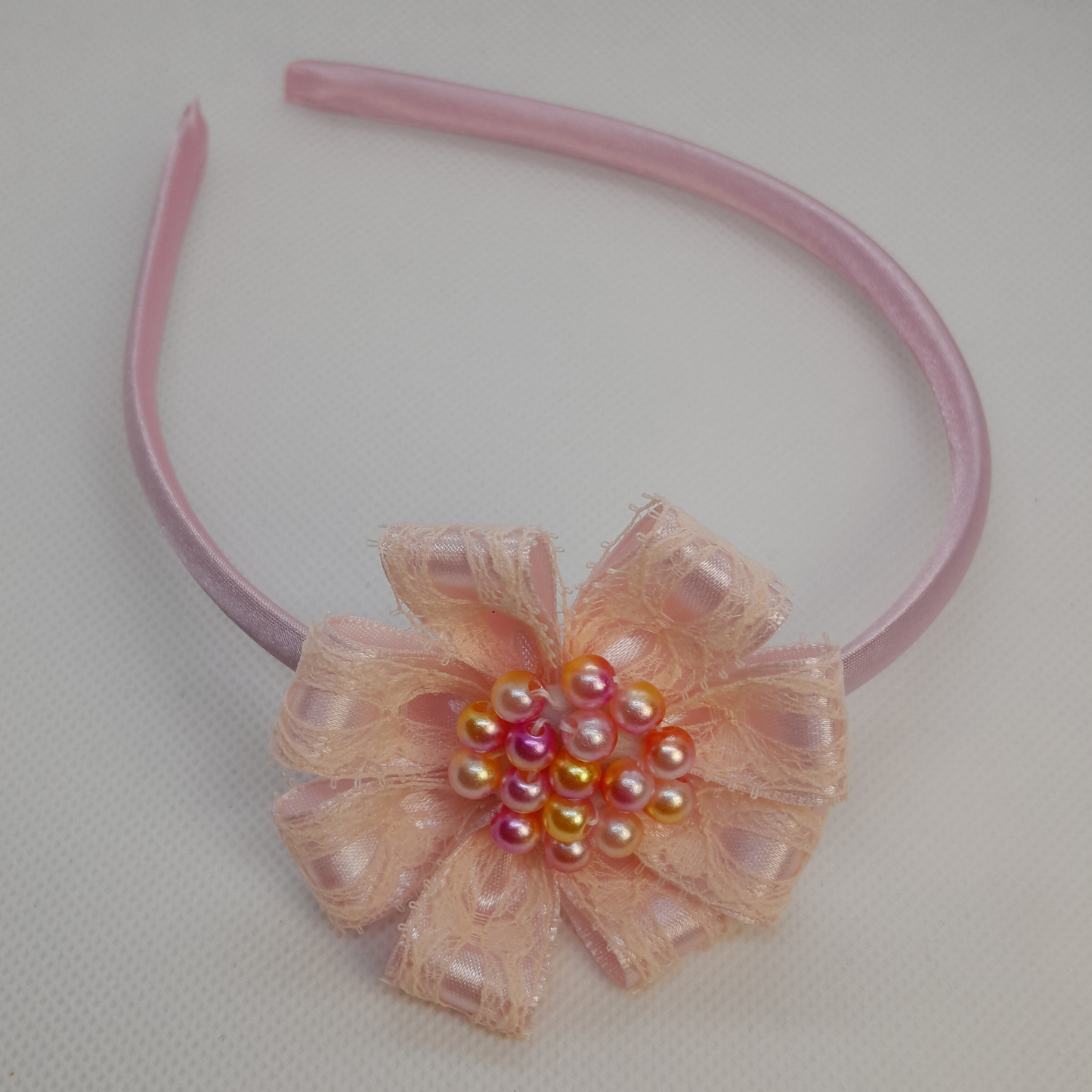 Handmade Satin Flower Headband for Girls – Elegant Hair Accessory with Matching Beads – Yellow, Salmon, Purple & Blue