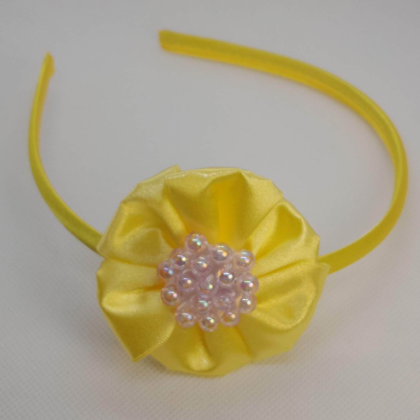 Handmade Satin Flower Headband for Girls – Elegant Hair Accessory with Matching Beads – Yellow, Salmon, Purple & Blue