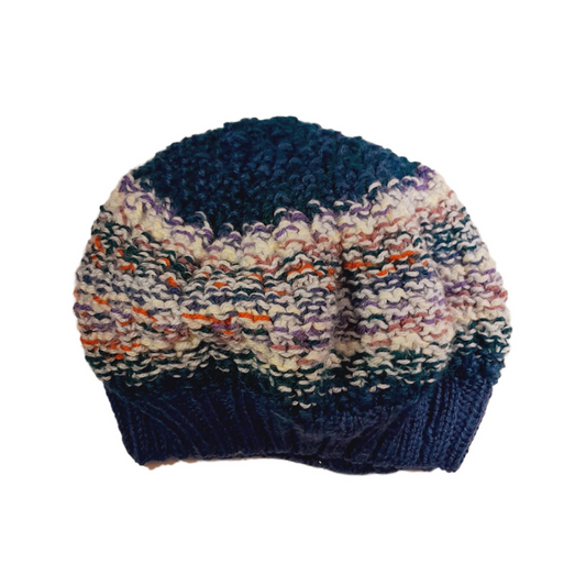 Handmade Multicolor Wool Beanie for Women – Navy Blue, Gitane, Orange & Purple Fusion Knit Hat