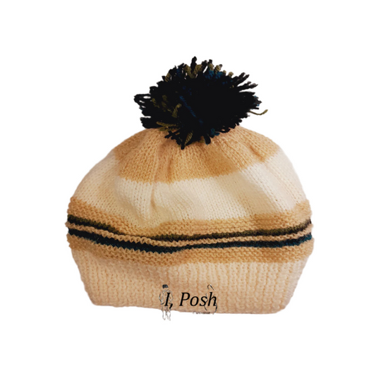 Kids’ Wool Beanie – Off-White, Beige, Navy Blue & Green Ribbed Knit Winter Hat with Pom-Pom