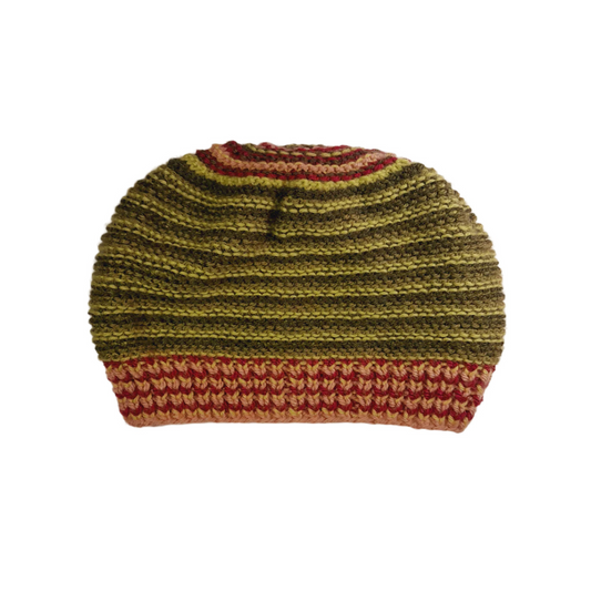 Hand-Knit Multicolor Wool Beanie for Women – Green, Pink, Orange & Yellow | Cozy Winter Hat