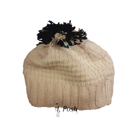 Women’s White & Multicolor Wool Beanie – Speckled Knit Winter Hat with Pom-Pom