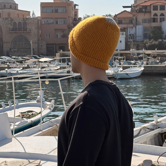 Mustard Wool Beanie with Gray Wrap – Handmade Unisex Winter Hat