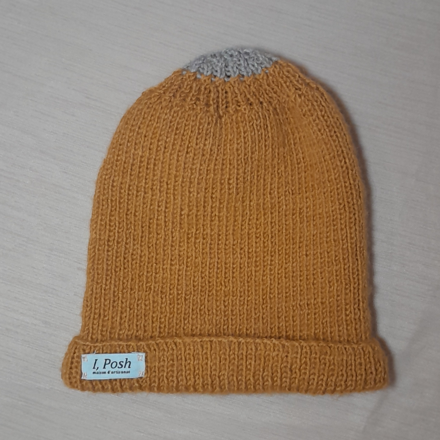 Mustard Wool Beanie with Gray Wrap – Handmade Unisex Winter Hat