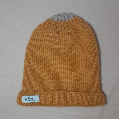 Mustard Wool Beanie with Gray Wrap – Handmade Unisex Winter Hat