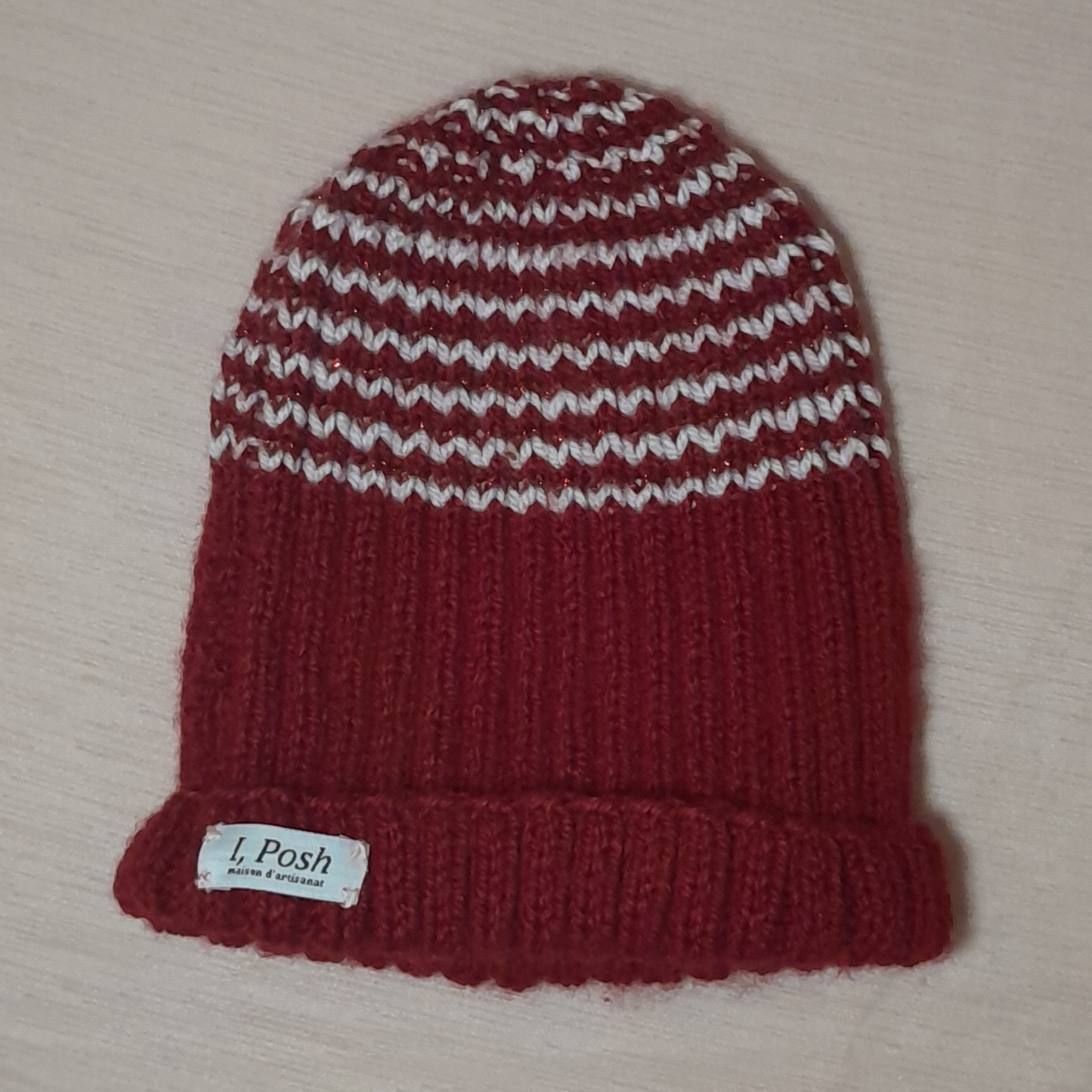 Elegant Handmade Red Wool Beanie with White Straps – Women’s Winter Accessory