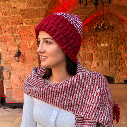Elegant Handmade Red Wool Beanie with White Straps – Women’s Winter Accessory