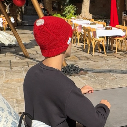 Handmade Blood Red Wool Beanie with Gray Top Wrap – Unisex Knit Hat