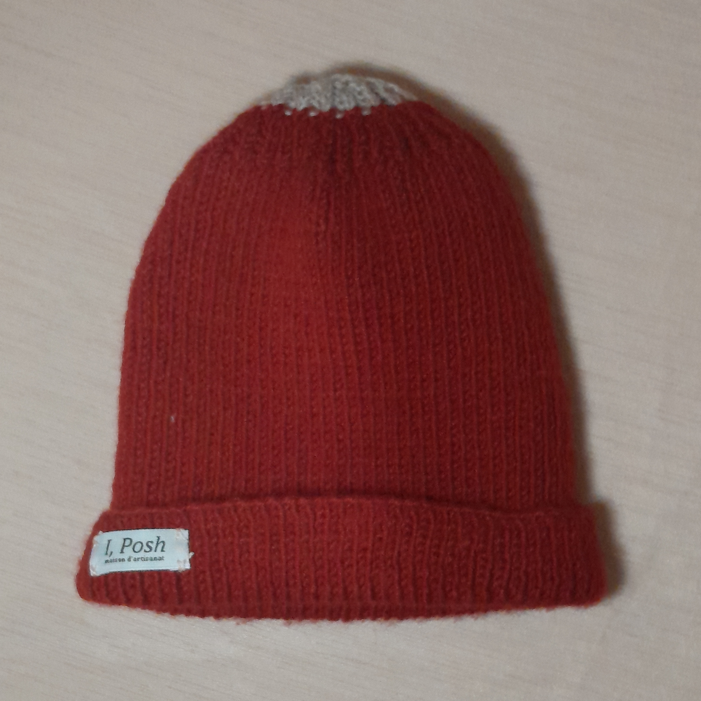 Handmade Blood Red Wool Beanie with Gray Top Wrap – Unisex Knit Hat