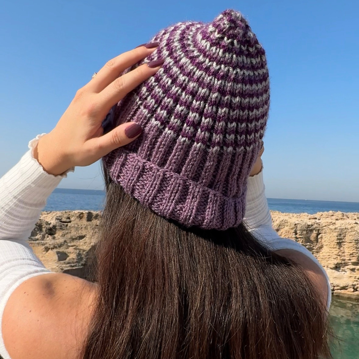 Handmade Aubergine Wool Beanie with Purple & Grey Stripes – Women’s Winter Hat