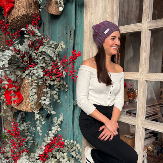 Elegant Handmade Wool Beanie in Purple with Grey & Dark Purple Stripes – Women’s Winter Accessory