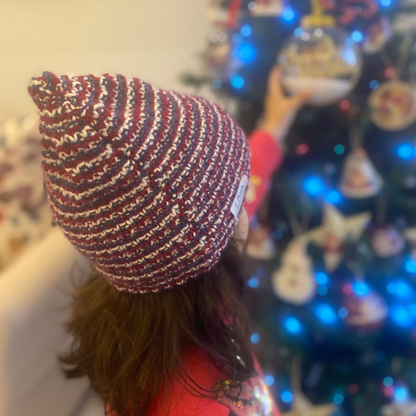 Children’s Christmas Wool Beanie – Handmade Blue, White and Red Holiday Hat