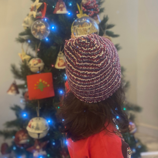 Children’s Christmas Wool Beanie – Handmade Blue, White and Red Holiday Hat