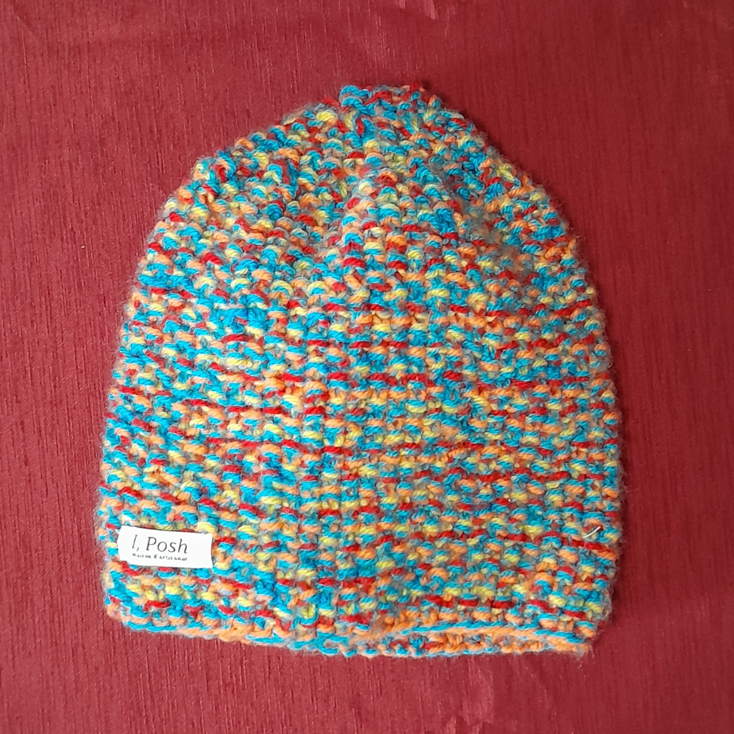 Vivid Multicolor Handmade Wool Beanie for Men & Women – Bold Red, Blue, Yellow & Orange Fusion, Stylish Unisex Winter Hat