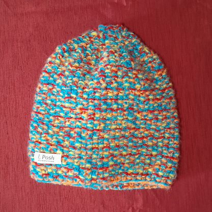Vivid Multicolor Handmade Wool Beanie for Men & Women – Bold Red, Blue, Yellow & Orange Fusion, Stylish Unisex Winter Hat