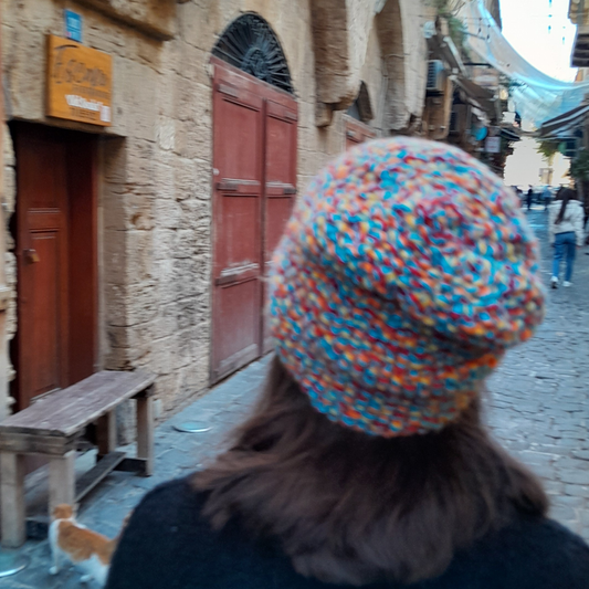 Vivid Multicolor Handmade Wool Beanie for Men & Women – Bold Red, Blue, Yellow & Orange Fusion, Stylish Unisex Winter Hat