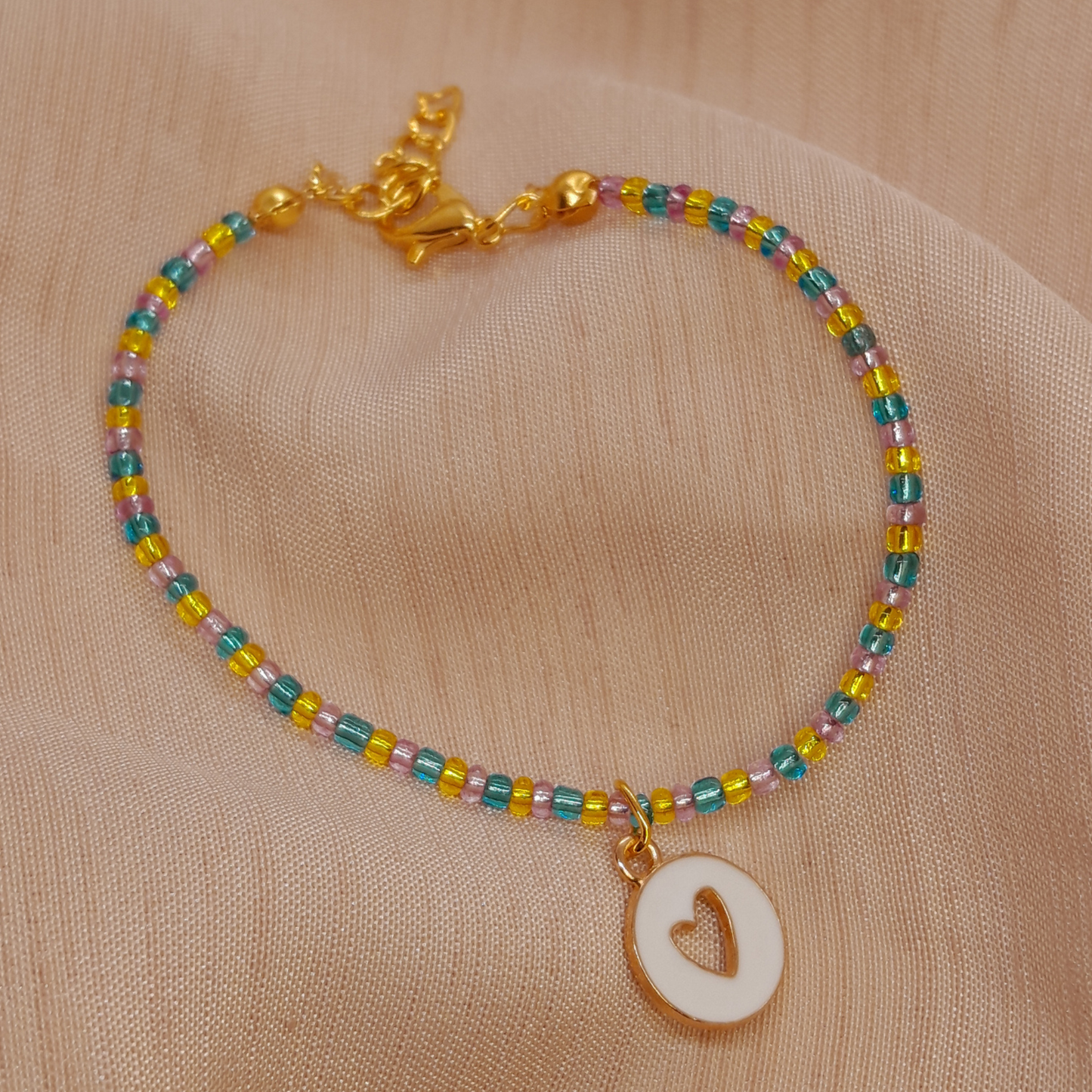 Fashionable Handmade Pastel Seed Bead Bracelet for Women & Girls - Handmade Pink, Blue & Yellow with Circle & Hollow Heart Charm