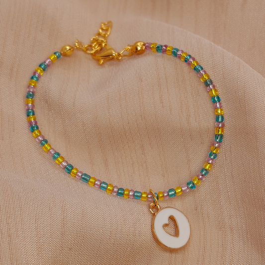 Fashionable Handmade Pastel Seed Bead Bracelet for Women & Girls - Handmade Pink, Blue & Yellow with Circle & Hollow Heart Charm