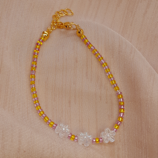 Handmade Seed Bead Bracelet for Little Girls – Golden Yellow & Pink Beads with 3 Ceramic Flowers (Crystal or Yellow)