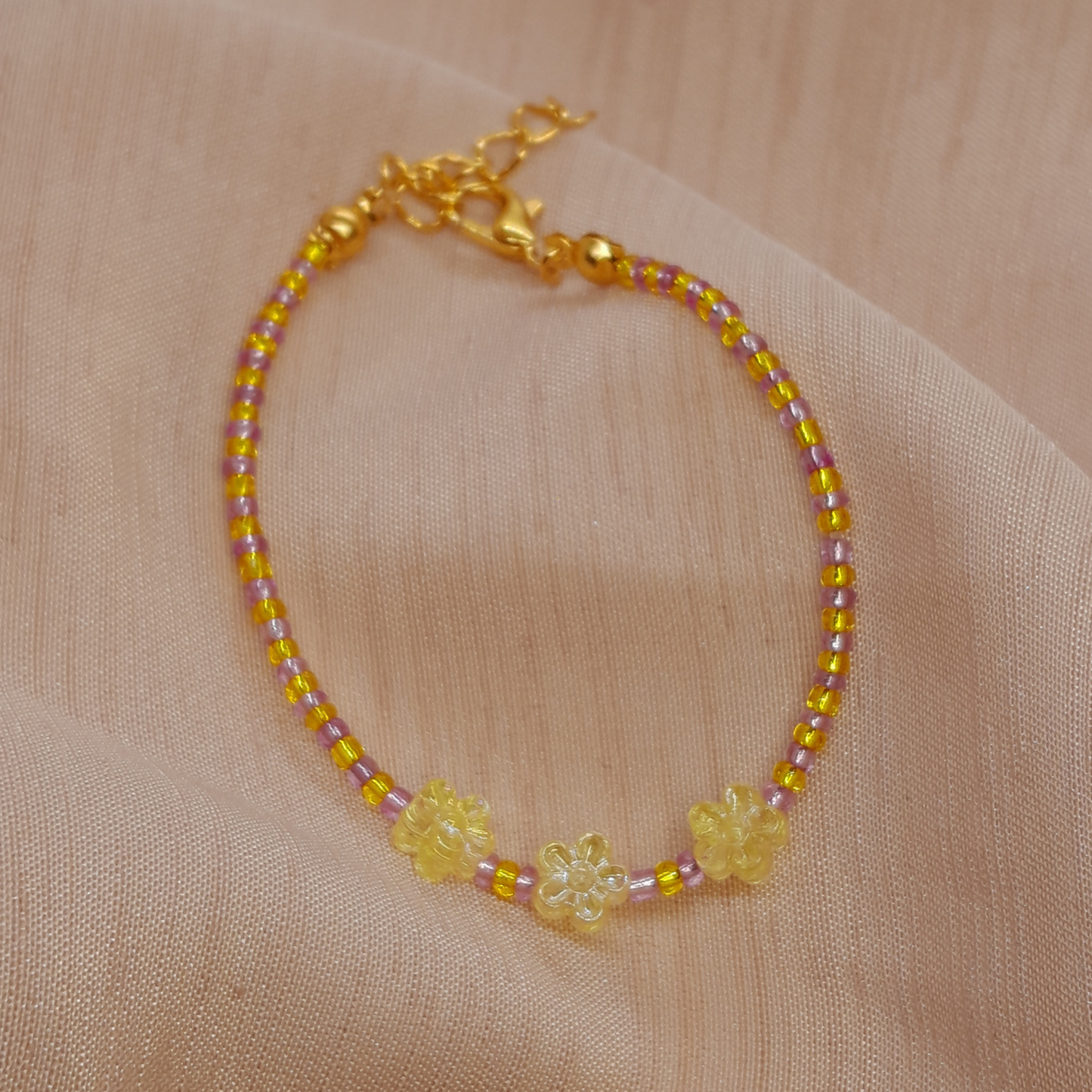 Handmade Seed Bead Bracelet for Little Girls – Golden Yellow & Pink Beads with 3 Ceramic Flowers (Crystal or Yellow)