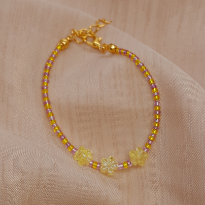 Handmade Seed Bead Bracelet for Little Girls – Golden Yellow & Pink Beads with 3 Ceramic Flowers (Crystal or Yellow)