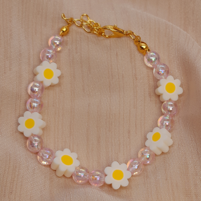 Handmade Bead Bracelet for Girls – Pink or Blue Festive Spring Daisy Jewelry, Trendy Kids’ Wrist Accessory