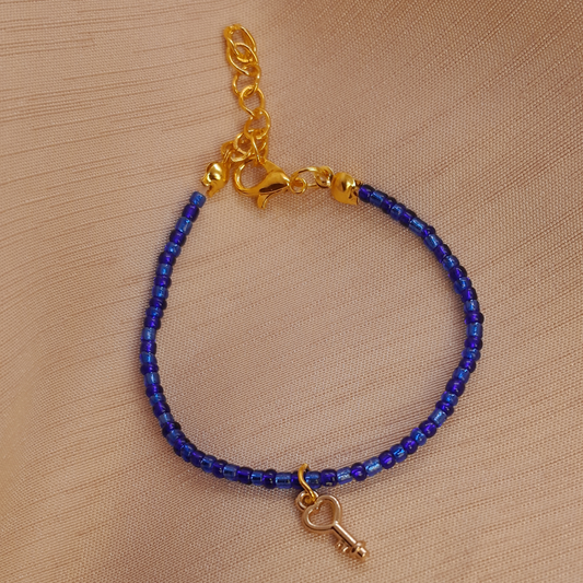 Two-Tone Marine Blue Beaded Bracelet for Ladies – Handmade with Heart Key Charm