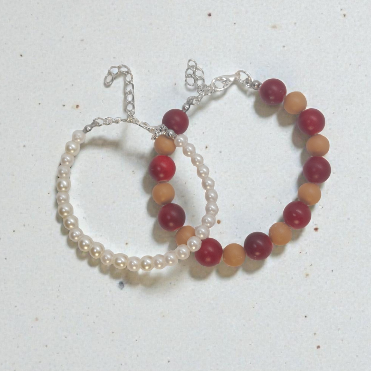 Christmas Chic Bracelet Pair for Women – Ivory Pearls with Rosewood Red & Café au Lait Beads