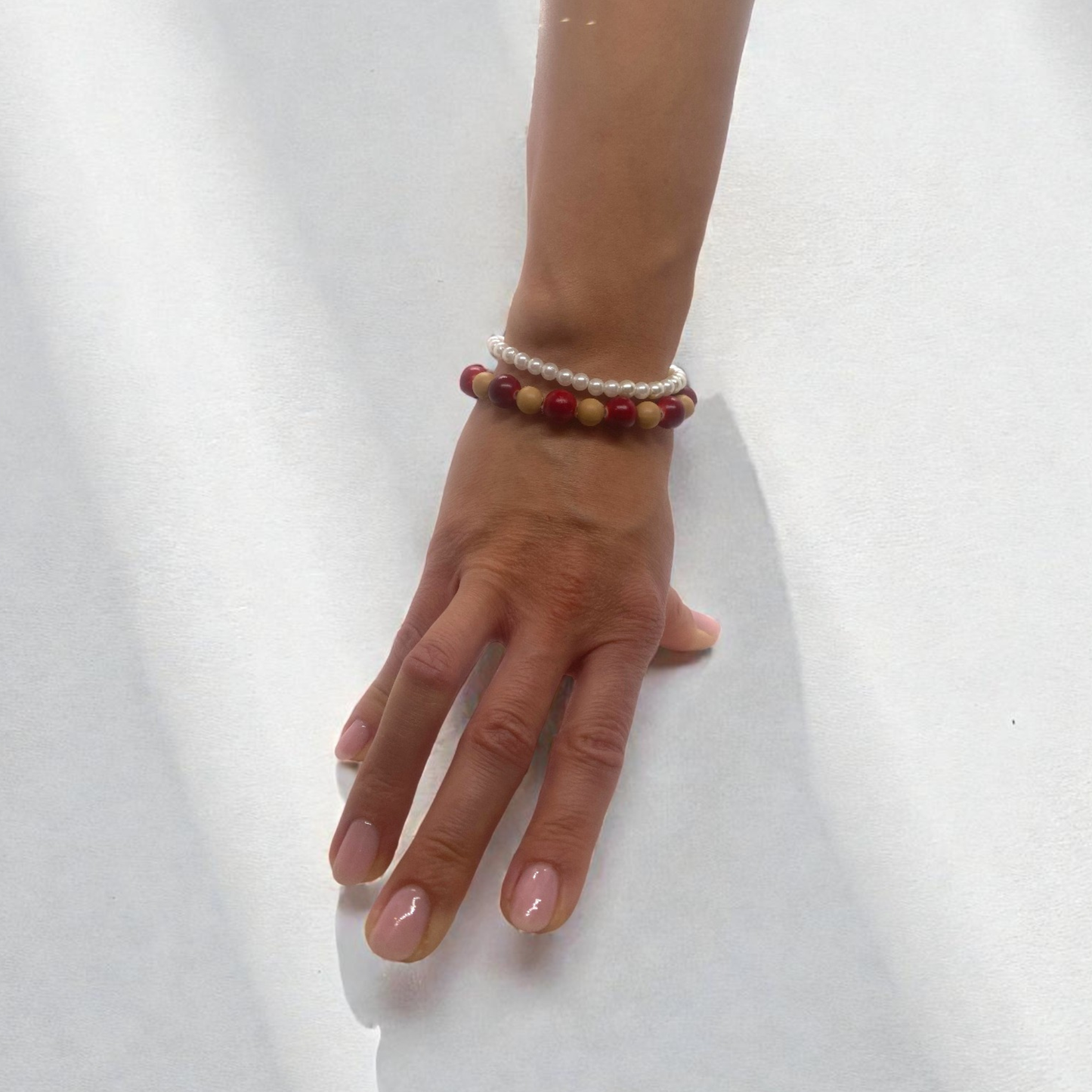 Christmas Chic Bracelet Pair for Women – Ivory Pearls with Rosewood Red & Café au Lait Beads