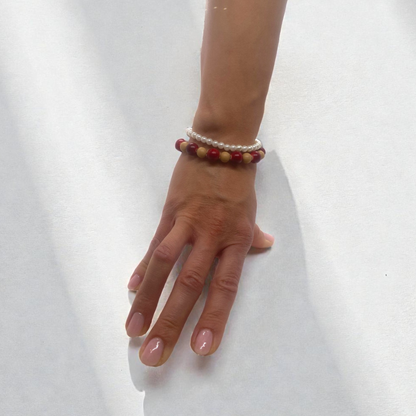 Christmas Chic Bracelet Pair for Women – Ivory Pearls with Rosewood Red & Café au Lait Beads