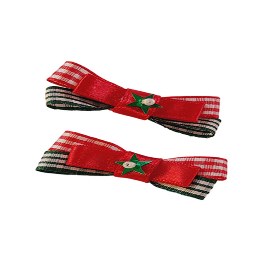 Pair of Christmas Green & Red Felt Bow Hair Clips with Star Accent – Festive Holiday Hair Accessories for Girls