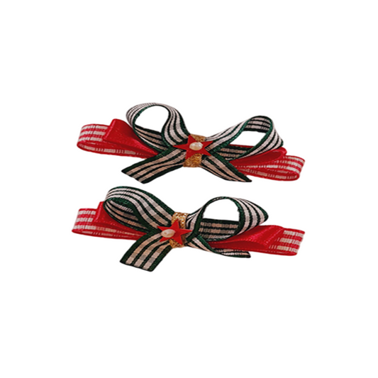 Pair of Christmas Green & Red Felt Bow Hair Clips with Glitter Star Accent – Festive Hair Accessories for Girls