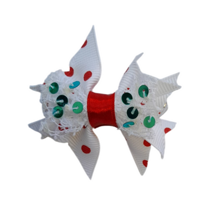 Polka Dot White Satin Bow with Jute & Paillettes – Elegant Hair Accessory