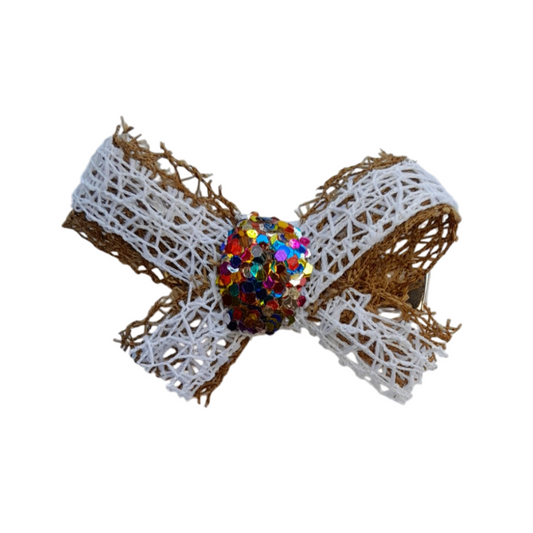 White Jute-Layered Bow with Glitter Accent – Elegant Hair Accessory for Girls & Women