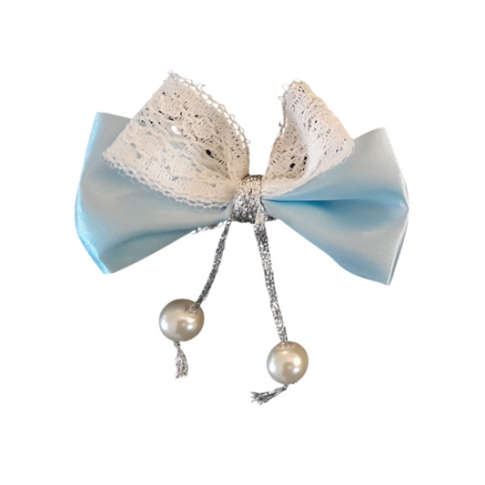 Blue Satin & White Lace Bow Hair Clip with Faux Pearls – Elegant Accessory for Girls & Women