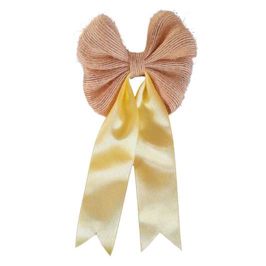Jute Bow Hair Clip with Yellow Satin Tail – Elegant Rustic Barrette for Women & Girls