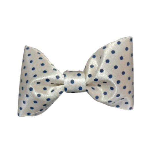 White Satin Bow Tie with Navy Polka Dots – Boys’ Pin-On Accessory