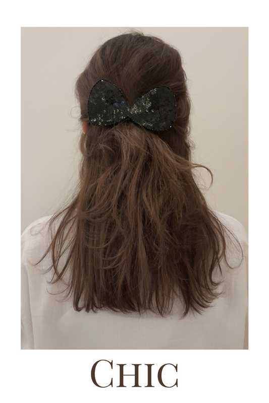 Black & Silver Paillettes Bow Hair Clip for Women – Sparkly, Elegant Evening Accessory