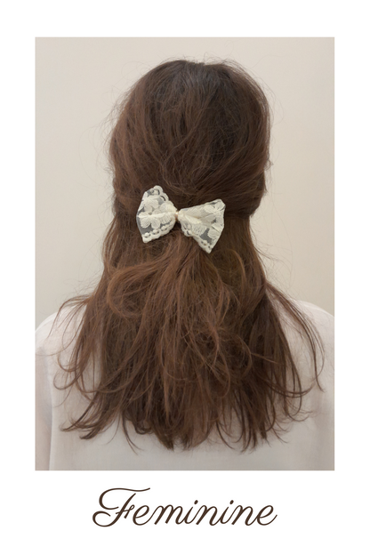 Ivory Embroidered Mesh Bow Hair Clip – Elegant Clip for Women & Girls