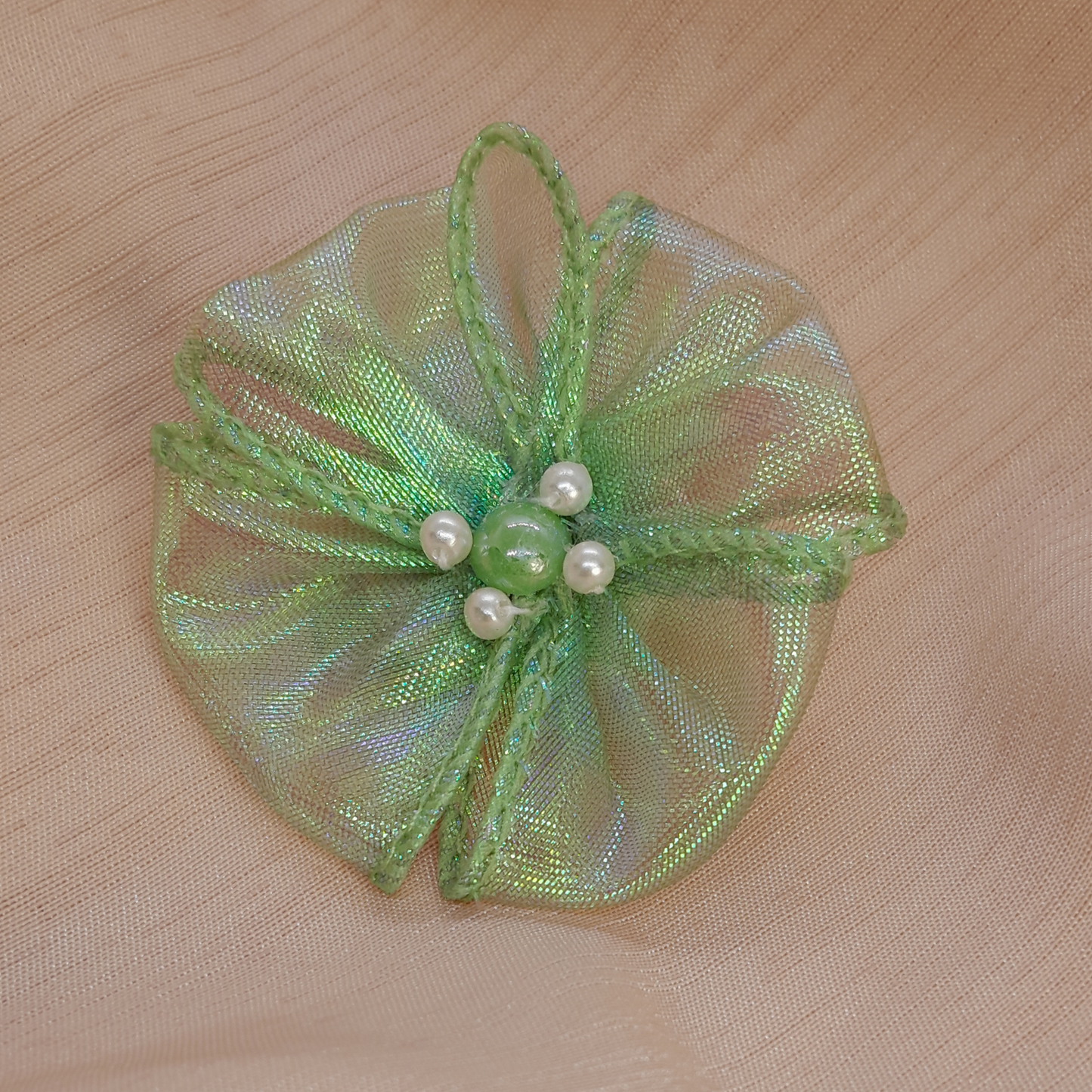 Glow in Green – Handmade Iridescent Tulle Hair Pin Garnished with Rhinestone Gems