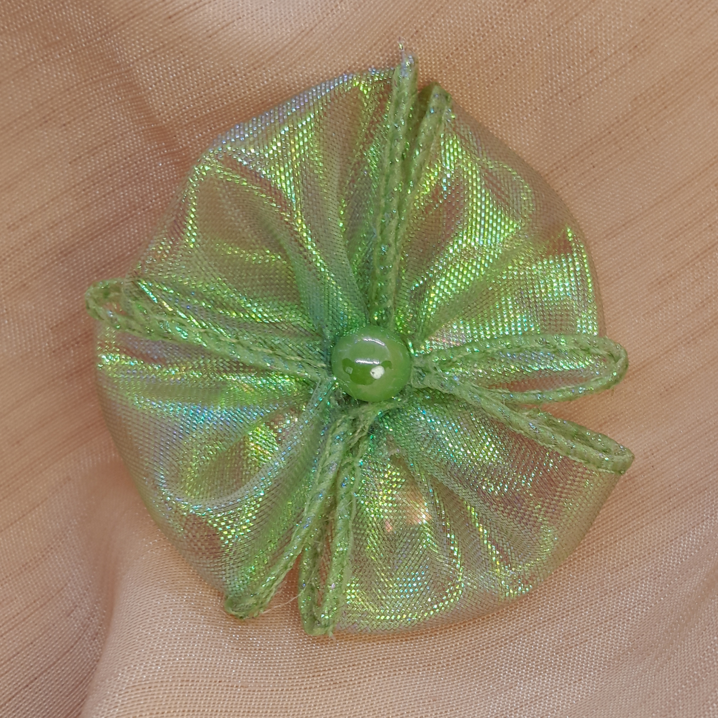 Glow in Green – Handmade Iridescent Tulle Hair Pin Garnished with Rhinestone Gems