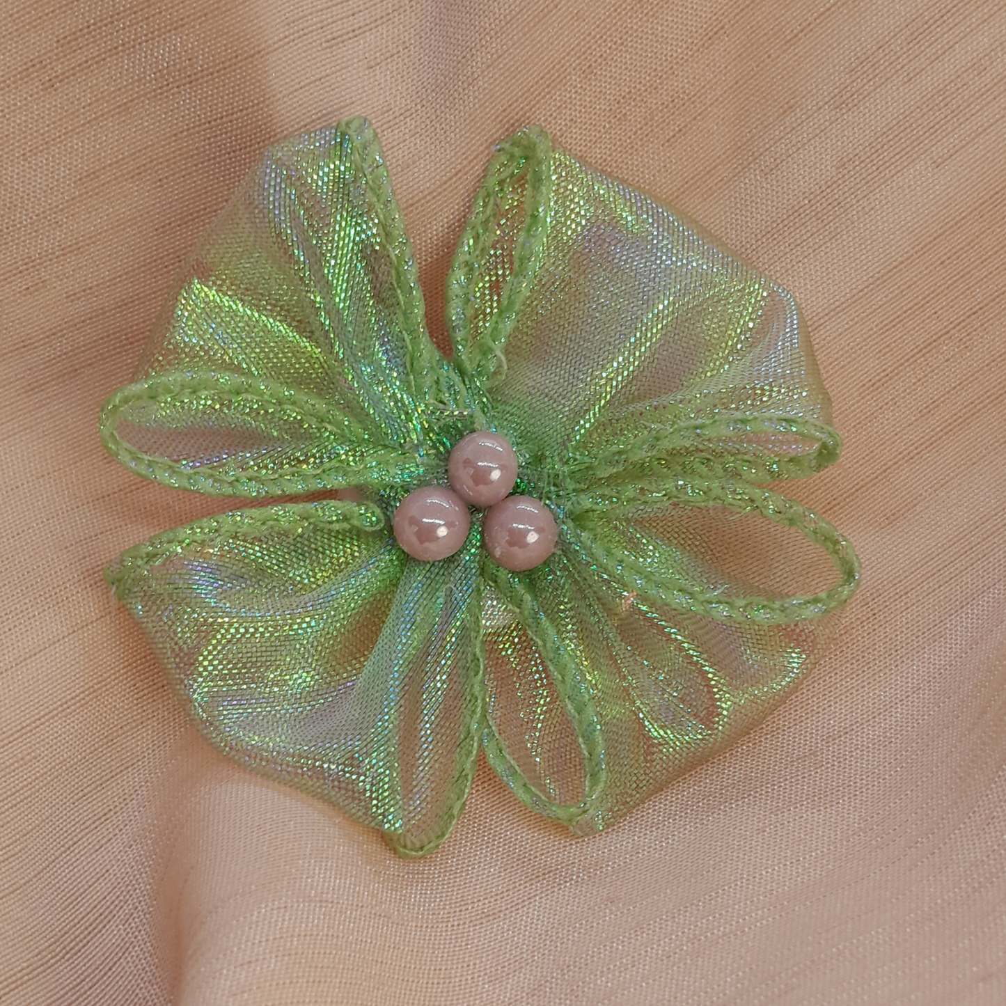 Glow in Green – Handmade Iridescent Tulle Hair Pin Garnished with Rhinestone Gems